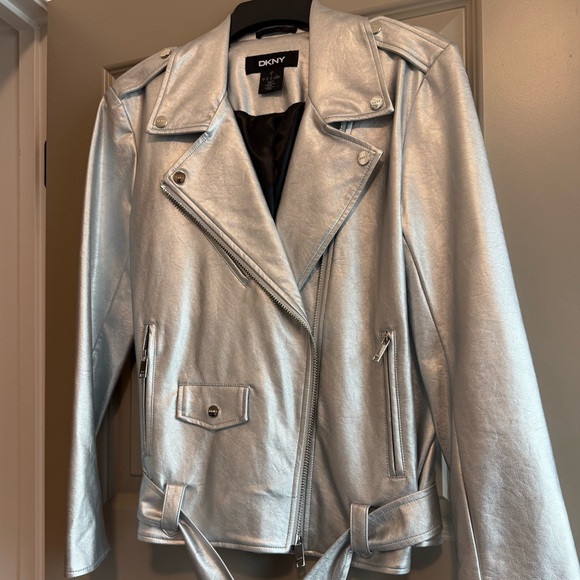 NWT Faux Leather Silver Moto Jacket by DKNY - Picture 7 of 10